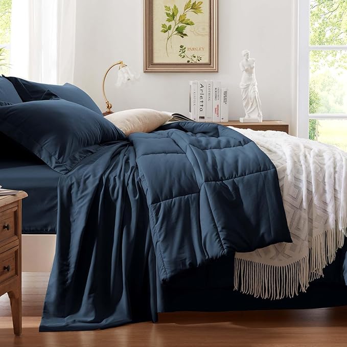 Anluoer California King Size Bed in a Bag 7 Pieces,Navy Blue Cal King Comforter Set with Sheets,All Season Bedding Sets with Comforter,Pillow Shams,Pillowcases,Flat Sheet,Fitted Sheet