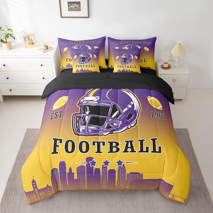 Erosebridal Football Comforter Set with Sheets American Soccer City 7 Piece Bedding Set Sports Rugby Competitive Games Bed in A Bag Queen Size for Kids Boys Teen,Purple Yellow Bed Set