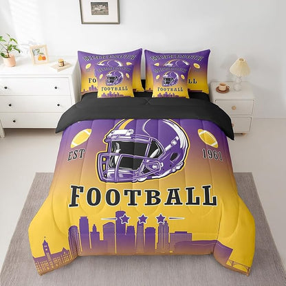 Erosebridal Football Comforter Set with Sheets American Soccer City 7 Piece Bedding Set Sports Rugby Competitive Games Bed in A Bag Twin Size for Kids Boys Teen,Purple Yellow Bed Set