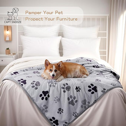 Waterproof Dog Blankets Pet Blanket 60"x80", Soft Fluffy Sofa Car Bed Protector, Reversible Sherpa Fleece Dog Blanket for Large Dogs (Light Grey-Paws)