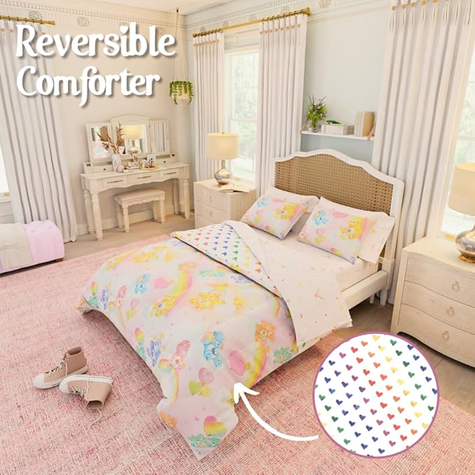 Care Bears Classic Retro Rainbow Bedding 7 Piece Super Soft Comforter and Sheet Set with Sham, Queen, (100% Official Licensed Product) by Franco Collectibles