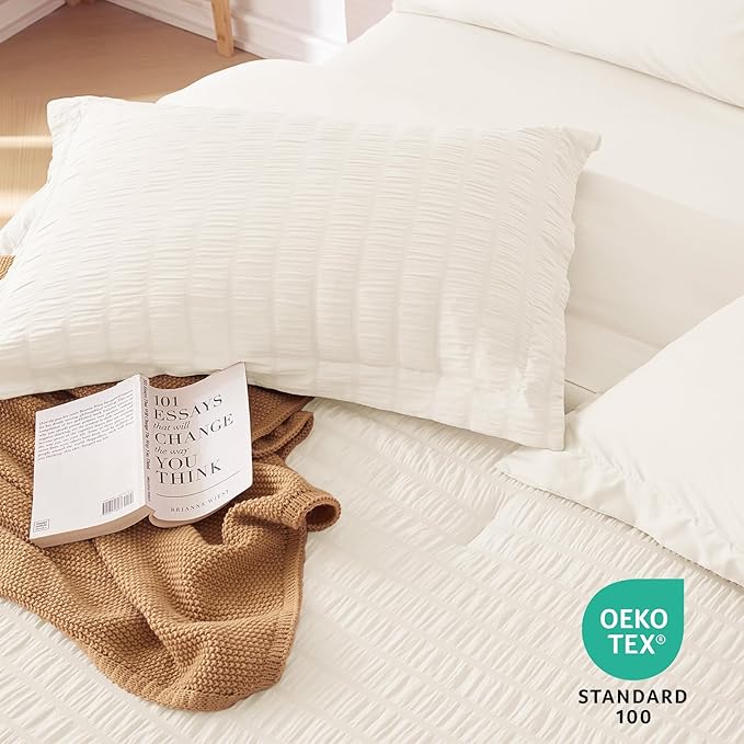 MUXHOMO 5 Pieces Twin XL Comforter Set, Seersucker Bed in a Bag Twin XL Size, All Season Luxury Bedding Set with Comforter, Flat Sheet, Fitted Sheet, Pillowcase & Sham, Ivory