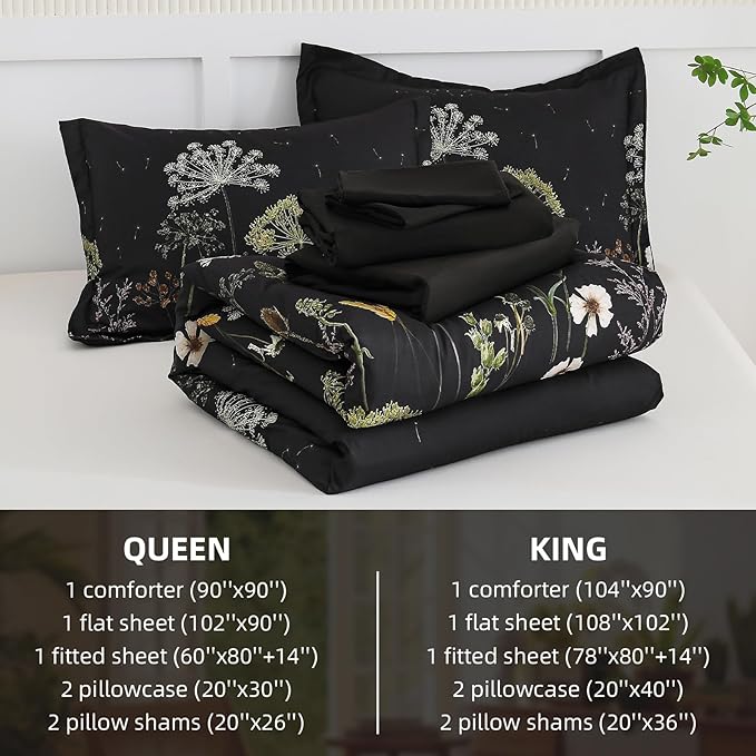 Yiran Black California King Comforter Set, 7 Piece Dandelion Botanical Comforter Bedding Set, Spring Bed in a Bag, Soft Microfiber Complete Bedding Set with Sheets for All Season