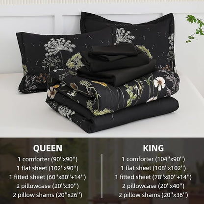 Yiran Floral Full Size Comforter Set, Black Dandelion Plant Botanical Comforter Bedding Set, 7 Piece Summer Bed in a Bag, Soft Microfiber Complete Bedding Set with Sheets for All Season