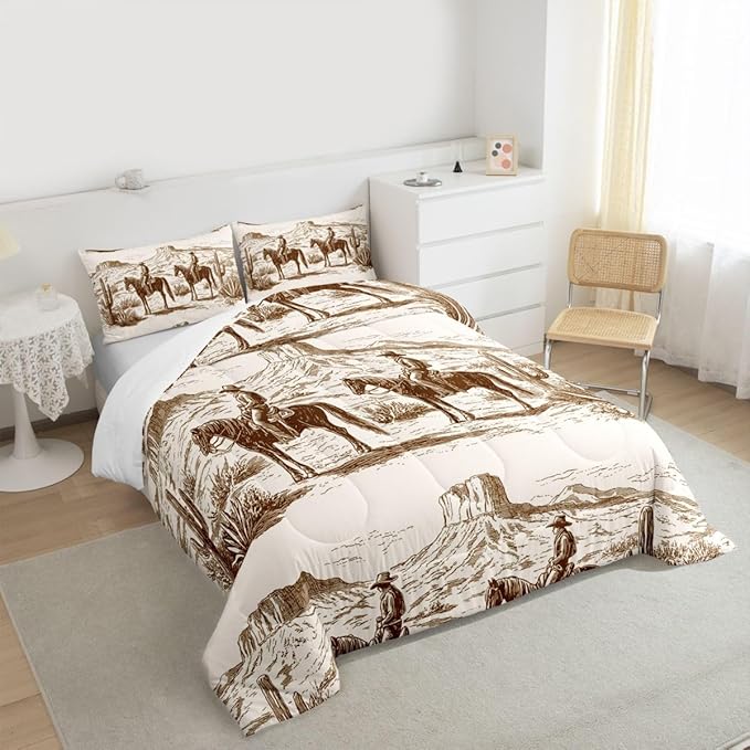 Wild West Comforter Set Full Cowboys Bedding For Man Teens Boy American Western Desert Hunting Horse Riding Bedding Comforter Sets Hand Drawn Illustration Mountain Cactus Room Decor Duvet Insert