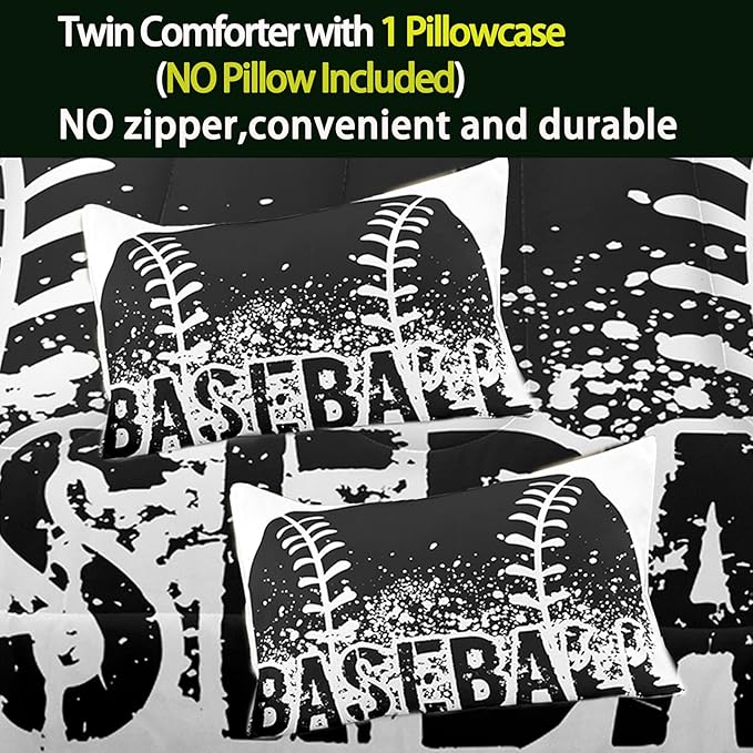 Bodhi Boys Baseball Sports Comforter King, Teen Boys Bedding Set, Black & White With Pillowcases