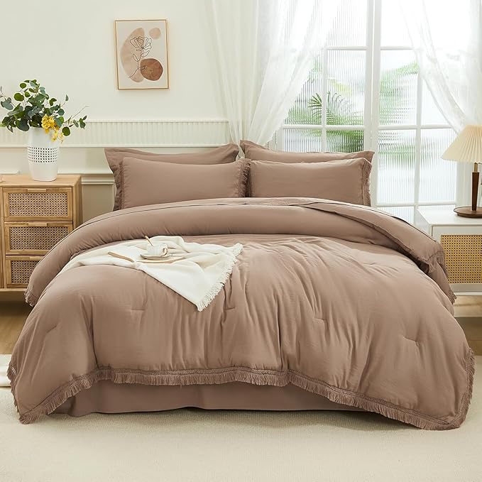 Andency Oversized King Comforter Set Taupe 120x98-7 Pieces Boho Tassel Bed in a Bag Soft Lightweight Bedding Sets, Fringe All Season Bed Set with Comforter, Sheets, Pillowcases & Shams