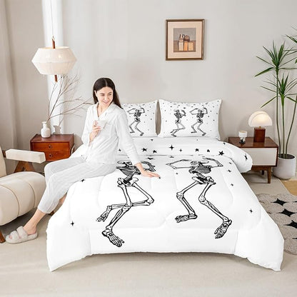Erosebridal Halloween Skull Comforter Set Full, Dancing Skull Bedding Set, Gothic Skeleton Comforter, Star Quilt with 2 Pillowcases for Kids Boys Teens Men Vintage Halloween Decor