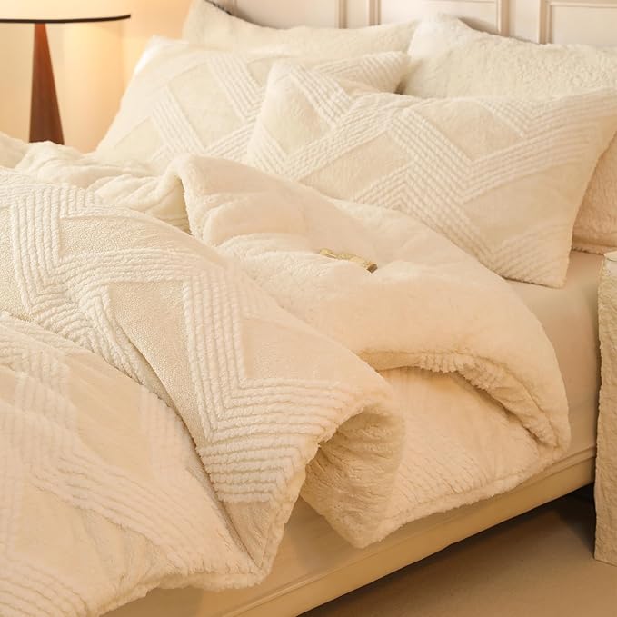 Tufted Boho Comforter Set Twin - White Fluffy Sherpa Bedding Set, Soft Fuzzy Jacquard Quilt Set, 2 Pieces Cozy Bed Set Warm Comforter for Winter(68"X90")