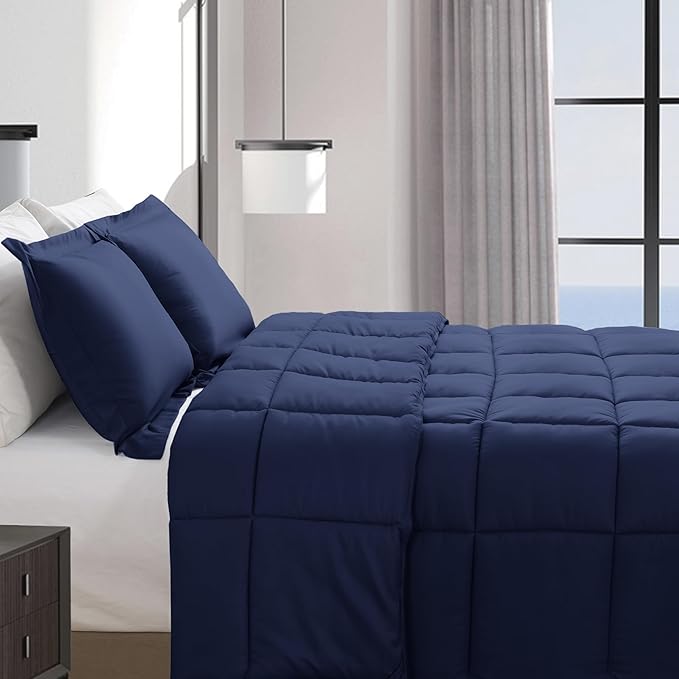 Elegant Comfort 3-Piece Box Stitched Down Alternative Comforter with Shams - Ultra Soft for All Season Duvet Insert with Corner Tabs, Plush Cozy 3PC Comforter Set, Twin XL, Navy Blue
