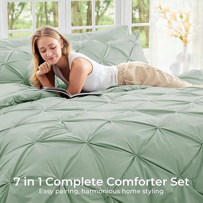 Sasttie Twin Comforter Set, 5-Piece Bed in a Bag, Pintuck Bedding Set for All Season, Includes Comforter, Flat Sheet, Fitted Sheet, Pillowcase and Pillowsham, Sage