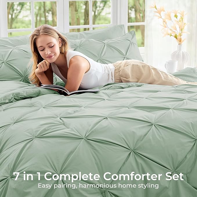 Sasttie California King Comforter Set, 7-Piece Bed in a Bag, Pintuck Bedding Sets for All Season, Includes Comforter, Flat Sheet, Fitted Sheet, Pillowcases and Pillowshams, Sage