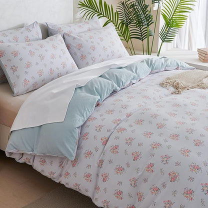 Queen Size Comforter Floral 3 Pieces Soft Cute Floral Bedding Lightweight Blue Garden Style Floral Botanical Comforter for All Seasons and 2 Pillowcases