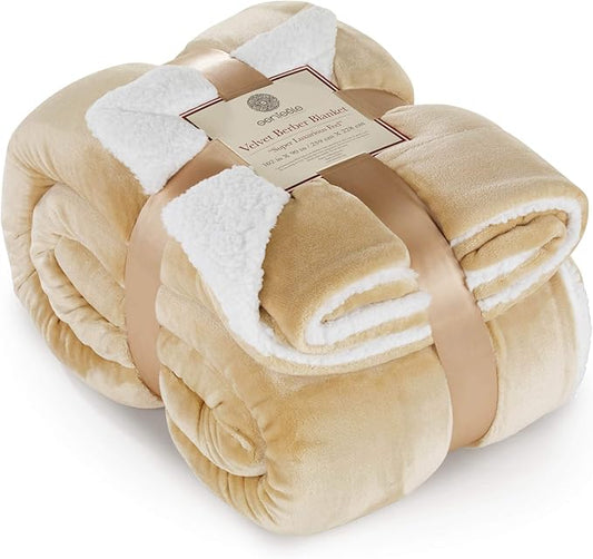Genteele Sherpa Throw Blanket Super Soft Reversible Ultra Luxurious Plush Blanket, 102 x 90 inches, Camel/White