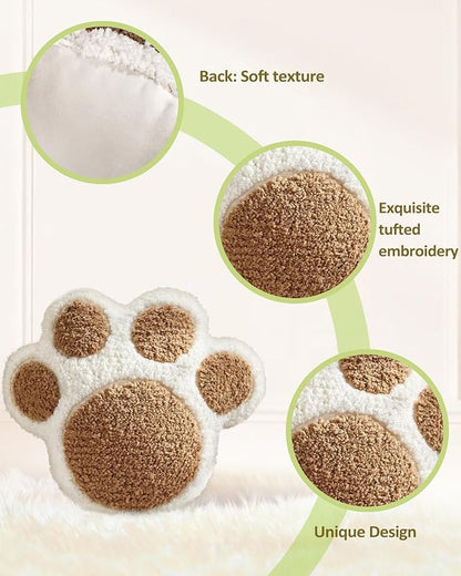 Paw Shaped Throw Pillow - Cute Decorative Plush Brown Animal Pillow for Couch, Sofa, or Living Room, 14.2" x 12.6" Soft Stuffed Dog Paw Cushion for Home Decor