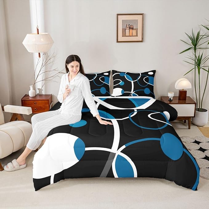 Erosebridal Abstract Comforter Set Full Geometric Bedding, Modern Duvet Insert Black White Blue Quilt Comforter, Circle Bedding Comforters & Sets Luxurious Kids Teen Adults Bedroom Decor 3pcs