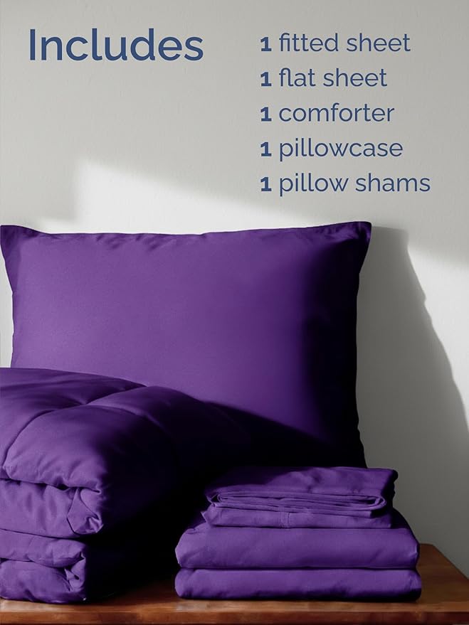 Twin Comforter Set - 5 Piece Bed in a Bag Twin Size Bed Set - Down Alternative Comforter, Flat Sheet, Fitted Sheet, Pillowcase & Sham for All Seasons - Ultra Soft, Cozy, Comfy & Breathable - Purple