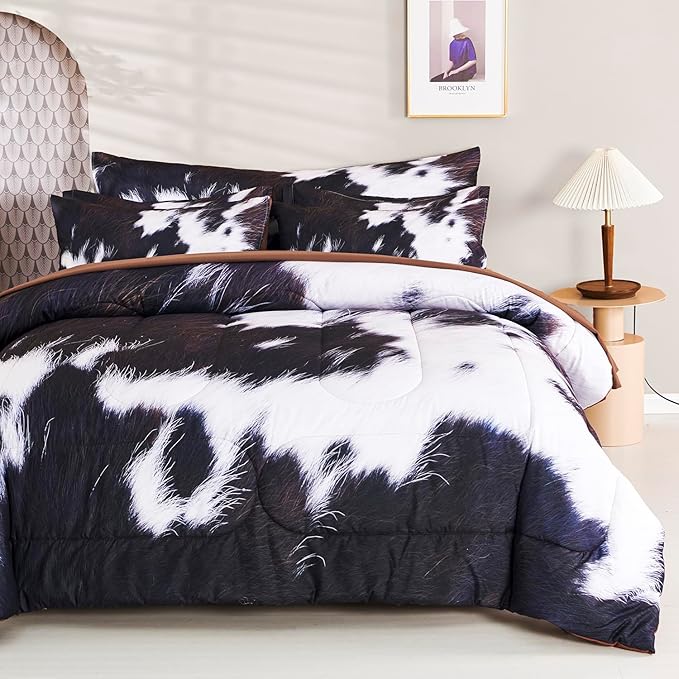 SUCSES 8 Pieces California King Comforter Set with Sheets, Cal King Size Cow Fur Print Bedding Set for Kids Teens Boys Girls, Western Style Highland Cowhide Farmhouse Bed in A Bag