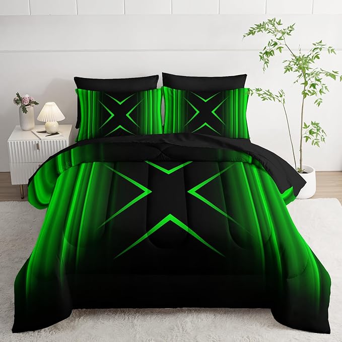 Black and Green Geometric Comforter Set Twin Size 7Pieces,3D Abstract Mordern Printed Bedding Set for Adults,Geometric Mordern Decor All Seasons with Pillowcases,Flat, Fitted Sheet