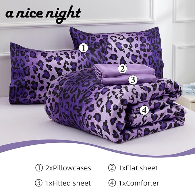 A Nice Night Leopard Printed,Silver Grey Satin Silky Soft Quilt Sexy Luxury Super Soft Microfiber Comforter Quilt Bedding 5PCS Comforter Set, Light Weighted (Purple, Queen(88-by-88-inches))