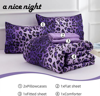 A Nice Night Leopard Printed,Silver Grey Satin Silky Soft Quilt Sexy Luxury Super Soft Microfiber Comforter Quilt Bedding 5PCS Comforter Set, Light Weighted (Purple, Queen(88-by-88-inches))