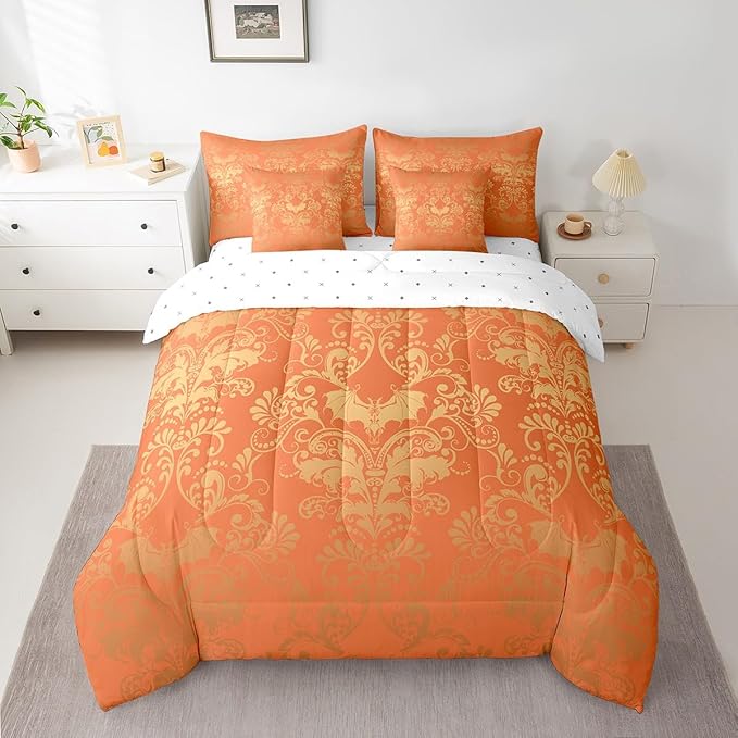 Erosebridal Gothic Damask Bed in a Bag King Size Comforter Set 7 Pieces,Halloween Bat Bedding Sets Orange and Yellow Victorian Floral Goth Sheet Set with Comforter