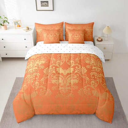 Erosebridal Gothic Damask Bed in a Bag King Size Comforter Set 7 Pieces,Halloween Bat Bedding Sets Orange and Yellow Victorian Floral Goth Sheet Set with Comforter