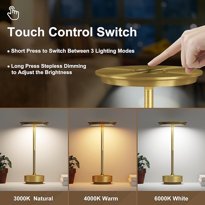 2 Pack Cordless Table Lamps Rechargeable, 5000mAh Portable LED Table Light, 3 Color Stepless Dimming Battery Powered Table Lamp, for Patio/Restaurant/Home/Outdoor.(Brushed Gold)