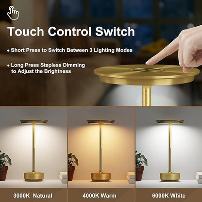 2 Pack Cordless Table Lamps Rechargeable, 5000mAh Portable LED Table Light, 3 Color Stepless Dimming Battery Powered Table Lamp, for Patio/Restaurant/Home/Outdoor.(Brushed Gold)