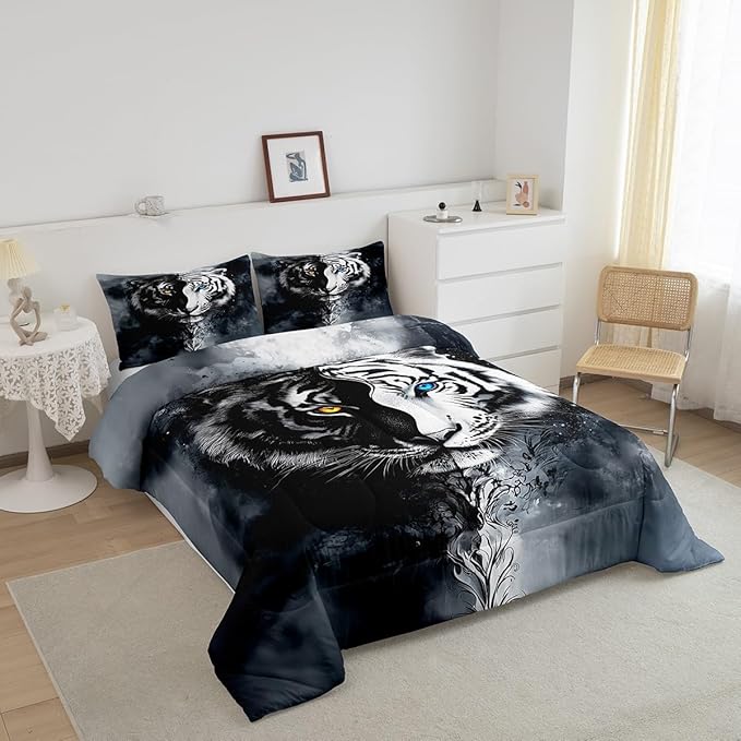 Erosebridal Boys Tiger Bedding Set King Size, African Safari Animal Comforter Set Exotic Wildlife Down Comforter Black White Soft Microfiber Quilt for Adult Teens Youth Men Bedroom Decor