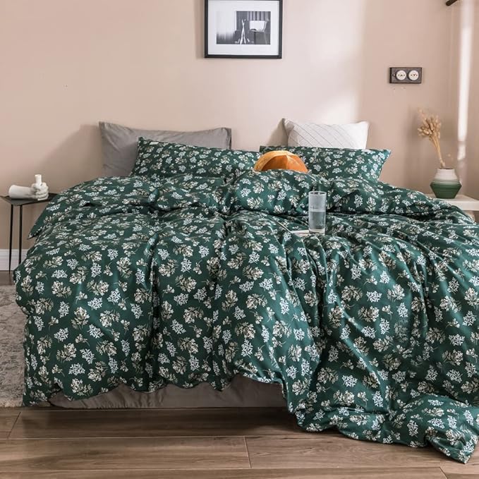 mixinni Twin XL Comforter Set Floral, Green Comforter Twin XL Size Fluffy, Cottagecore White Small Flowers Leaves Comforter with 2 Pillow Cases for All Seasons-3 Pieces