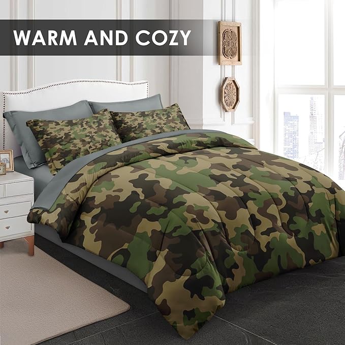 Comforter Set Full Size, Military Hunting Camouflage 7 Pcs Bedding for Kids and Adults, Brown Green Camo Bed Sheet Sets with Fitted Sheet 2 Pillowcases & 2 Shams