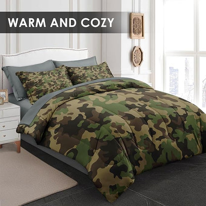 Comforter Set Twin Size, Military Hunting Camouflage 5 Pcs Bedding for Kids and Adults, Brown Green Camo Bed Sheet Sets with Fitted Sheet Pillowcase & Sham