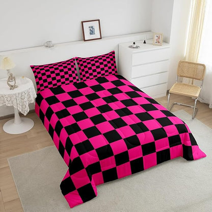 Feelyou Checkered Bedding Set Teen Women Men Dark Red Black Plaid Comforter Set Full Size Kids Boys Girls Cute Retro Neutral Checkerboard Geometric Duvet Insert Vintage Aesthetic Room Decor