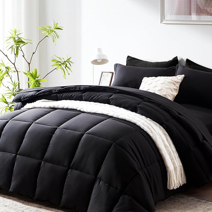 COZYART Full Comforter Set 7 Pcs, Black Bed in a Bag, All Season Lightweight Soft Reversible Bedding Sets, 1 Comforter, 1 Flat Sheet, 1 Fitted Sheet, 2 Pillow Shams, 2 Pillowcases