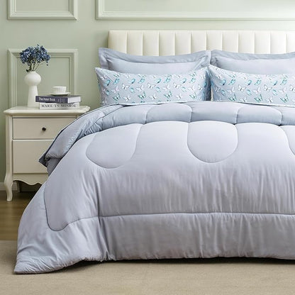 ARTALL Twin Bed in a Bag 5 Pieces, Light Gray Solid Comforter with Cute Colorful Butterfly Sheet Set, Soft Reversible Bedding Sets with Comforter, Sheets, Pillowcase & Sham for All Seasons
