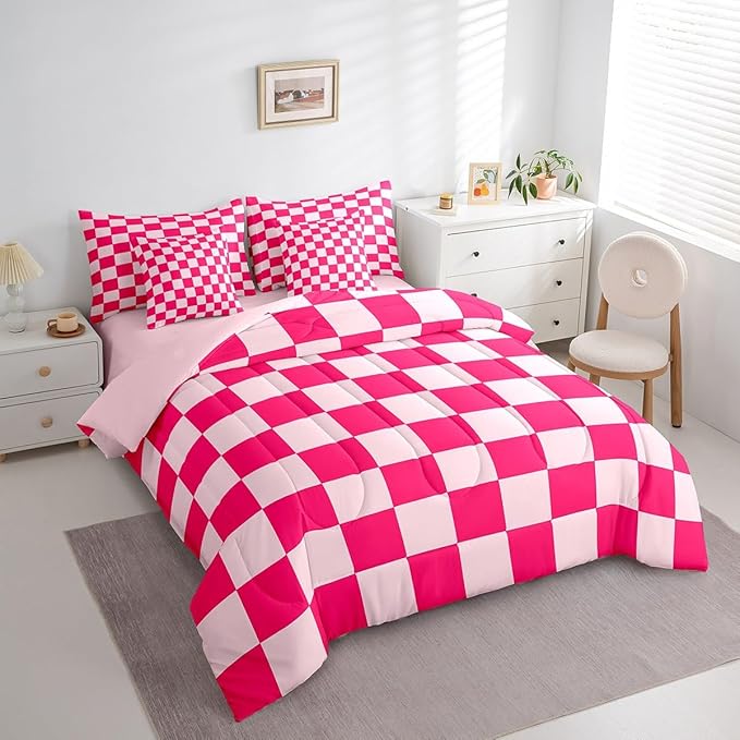Feelyou Checkered 7 Piece Bedding Set Teen Women Boho Modern Cute Aesthetic Decorative Girly Comforter Set with Sheets Full Size Kids Boys Geometric Chic Bed in a Bag Pink White Plaid Room Decor