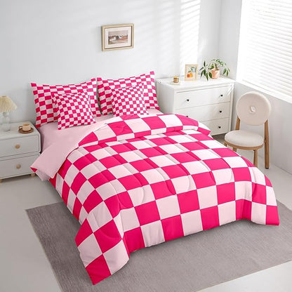 Feelyou Checkered 7 Piece Bedding Set Teen Women Boho Modern Cute Aesthetic Decorative Girly Comforter Set with Sheets Queen Size Kids Boys Geometric Chic Bed in a Bag Pink White Plaid Room Decor