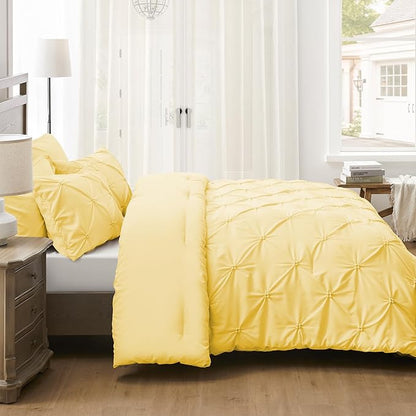 UNIKOME Queen Comforter Set Yellow - Ultra Soft Boho Pintuck Down Alternative Bedding Set for All Seasons, 3 Pieces Lightweight Warm Pinch Pleat Bed Set with Comforter, 2 Pillowcases