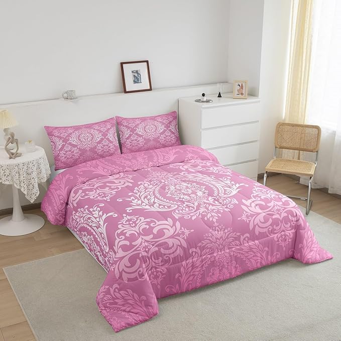Feelyou Adults Pink Vintage Damask Floral Comforter Set Oriental Antique Comforter Queen Size Gothic Bohemia Boho Floral Bedding Set Bohemian Exotic Duvet Set Quilt Set 3Pcs