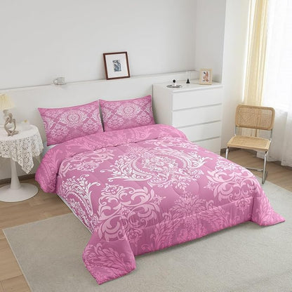 Feelyou Adults Pink Vintage Damask Floral Comforter Set Oriental Antique Comforter Queen Size Gothic Bohemia Boho Floral Bedding Set Bohemian Exotic Duvet Set Quilt Set 3Pcs