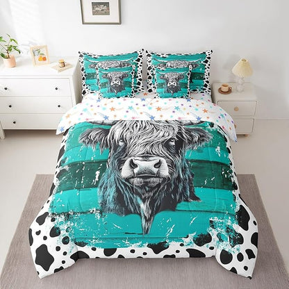 Erosebridal Highland Cow 7 Piece Bedding Set Queen Size,Rustic Cowhide Bed in a Bag,Cow Pattern Bed Set Includes Comforter, Sheet Set, Pillowcases & Pillow Covers All Season Bedroom Decor