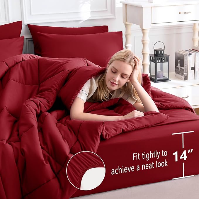 CozyLux Queen Comforter Set Dark Red, 7 Pieces Bed in a Bag, Red Comforter Queen Size, All Season Bedding Sets with Stitch Quilted Comforter, Flat Sheet, Fitted Sheet, Pillowcases