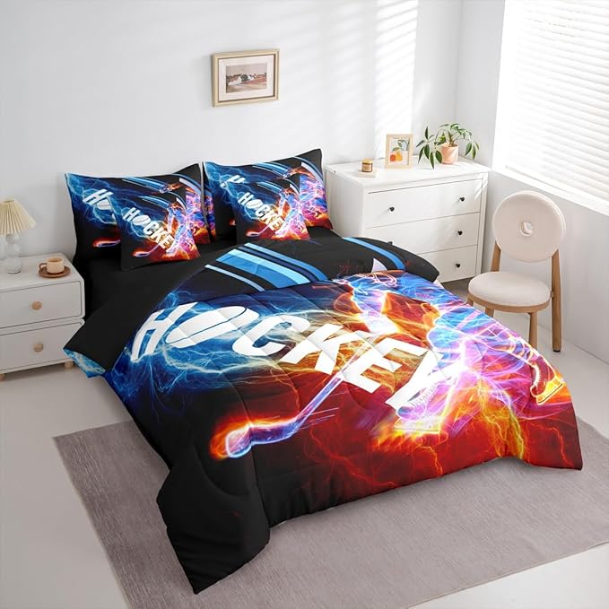 Erosebridal Ice Hockey 7 Piece Comforter Set Full,Puck Hockey Player Bedding Sets for Kids Boys Girls Teens,Red Blue Lightening Fitted Sheet,Winter Sports Game Flat Fitted Sheet Bedroom Decor