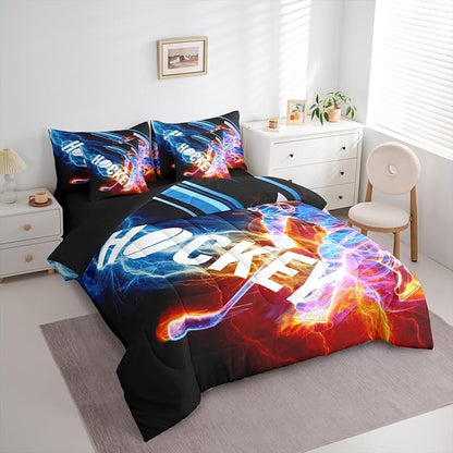Erosebridal Ice Hockey 7 Piece Comforter Set Queen,Puck Hockey Player Bedding Sets for Kids Boys Girls Teens,Red Blue Lightening Fitted Sheet,Winter Sports Game Flat Fitted Sheet Bedroom Decor