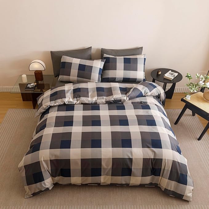 KAREVER Gingham Checkered Comforter Twin Navy Blue Plaid Bedding Set Boys Girls Colorful Grid Cottagecore Blanket Twin