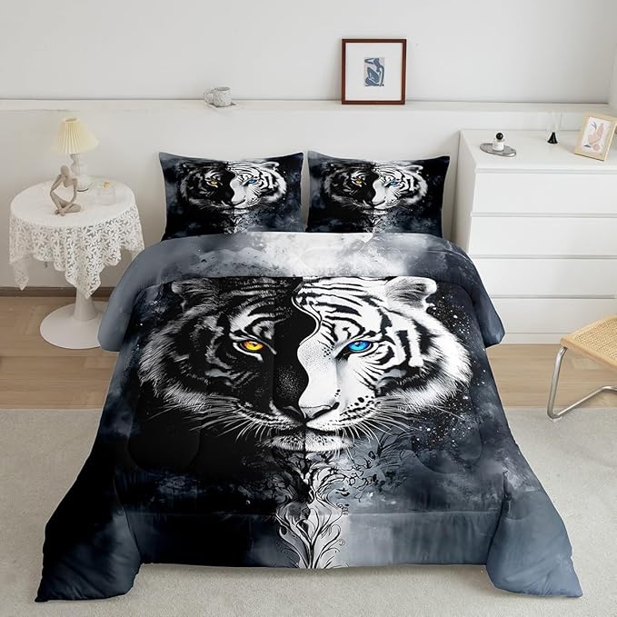 Erosebridal Boys Tiger Bedding Set Toddler Size, African Safari Animal Comforter Set Exotic Wildlife Down Comforter Black White Soft Microfiber Quilt for Adult Teens Youth Men Bedroom Decor