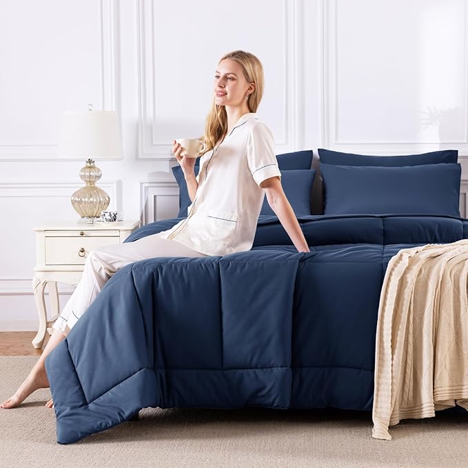 CozyLux Oversized Queen Comforter Sets Navy Blue, 7 Pieces Bed in a Bag, Ultra-Soft All Season Bedding Sets with Stitch Quilted Comforter, Flat Sheet, Fitted Sheet, Pillowcases, Navy Blue