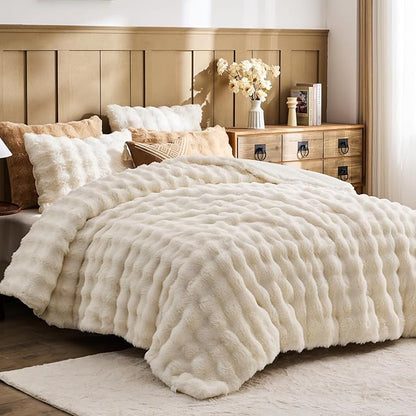 Lotus Karen Faux Fur Queen Comforter Set – Cream White Fluffy Comforter Queen Size, Big Bubble Faux Rabbit Fur Bedding Comforter Sets, Warm Cozy Fuzzy Bed Set 3 Pieces, 1 Comforter and 2 Pillowcases