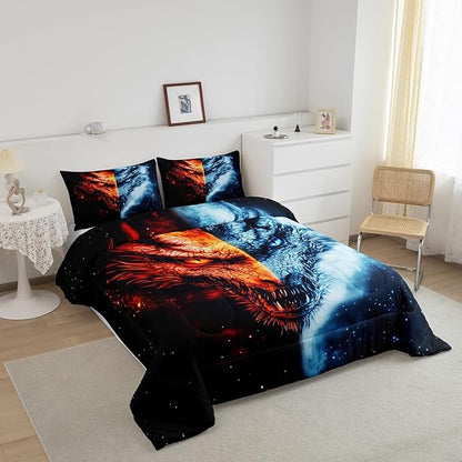 Manfei Dragon Bedding Comforter Sets King,Western Exotic Animal Ice and Fire Bedding Set for Bedroom Decoration,Wildlife Retro Dragon with 1 Comforter and 2 Pillow Cases Bedroom Decor